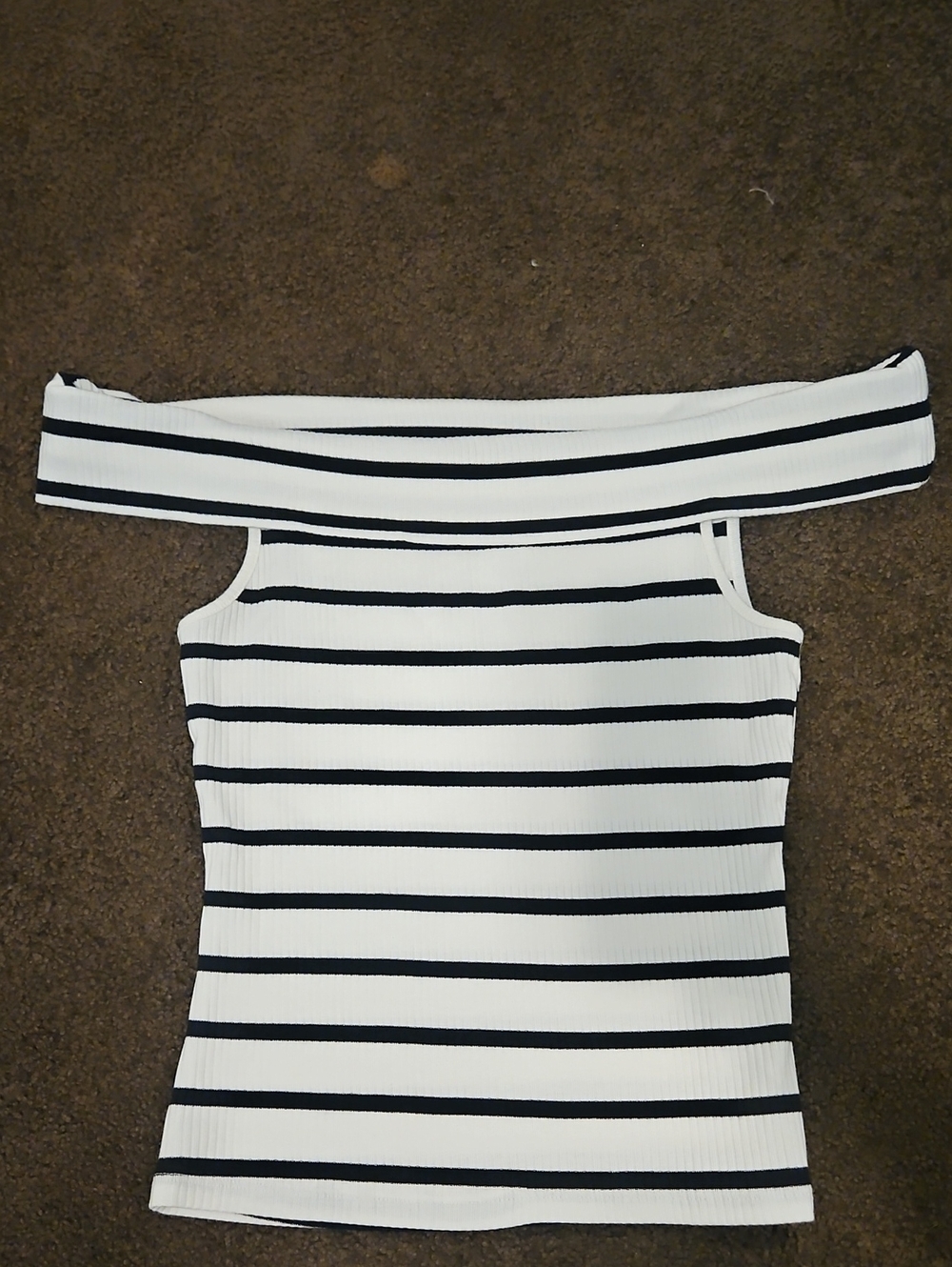 Old Navy White & Blacm Striped Off-Shoulder Ribbed Top